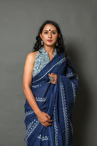 Blue Bel Block Print Cotton Saree with Blouse Piece
