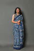 Blue Block Butti Print Cotton Saree with Blouse Piece