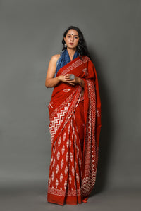 Ivory Red Dual Block Print Cotton Saree with Blouse Piece