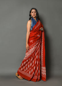 Ivory Red Dual Block Print Cotton Saree with Blouse Piece