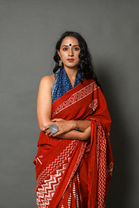Ivory Red Dual Block Print Cotton Saree with Blouse Piece