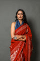 Ivory Red Dual Block Print Cotton Saree with Blouse Piece