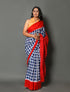 Red Border Blue Checks Print Cotton Saree with Blouse Piece