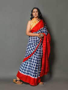 Red Border Blue Checks Print Cotton Saree with Blouse Piece