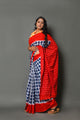 Red Border Blue Checks Print Cotton Saree with Blouse Piece