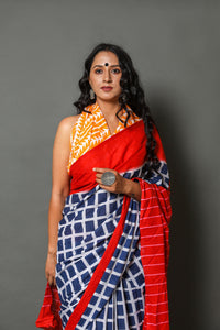 Red Border Blue Checks Print Cotton Saree with Blouse Piece
