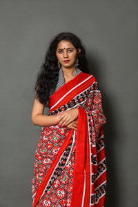 Red Patola Print Cotton Saree with Blouse Piece