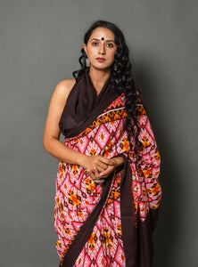 Pink & Yellow Patola Print Cotton Saree with Blouse Piece