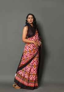 Pink & Yellow Patola Print Cotton Saree with Blouse Piece
