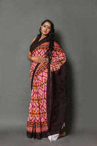Pink & Yellow Patola Print Cotton Saree with Blouse Piece