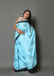 Aqua Blue Leaf Block Butta Print Cotton Saree with Blouse Piece
