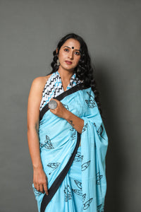 Aqua Blue Leaf Block Butta Print Cotton Saree with Blouse Piece