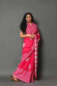 Pink Block Butta & Zik-zak Border Print Cotton Saree with Blouse Piece
