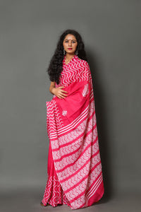 Pink Block Butta & Zik-zak Border Print Cotton Saree with Blouse Piece