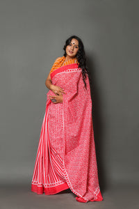 Pink Strips & Jaal Block Print Cotton Saree with Blouse Piece