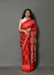 Red Jaal & Butta Block Print Cotton Saree with Blouse Piece