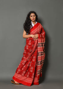 Red Jaal & Butta Block Print Cotton Saree with Blouse Piece
