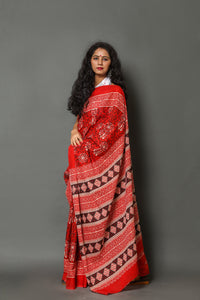 Red Jaal & Butta Block Print Cotton Saree with Blouse Piece