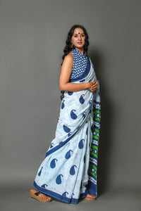 White Pasely Block Butta Print Cotton Saree with Blouse Piece