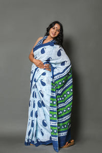White Pasely Block Butta Print Cotton Saree with Blouse Piece