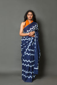Indigo Blue Wave Block Print Cotton Saree with Blouse Piece