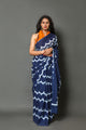 Indigo Blue Wave Block Print Cotton Saree with Blouse Piece