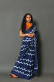 Indigo Blue Wave Block Print Cotton Saree with Blouse Piece