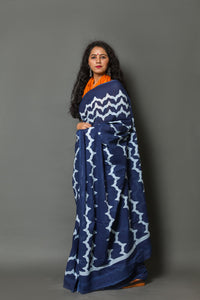 Indigo Blue Wave Block Print Cotton Saree with Blouse Piece