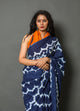Indigo Blue Wave Block Print Cotton Saree with Blouse Piece