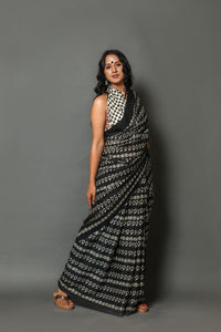 Black Block Printed Cotton Sari with Blouse Piece