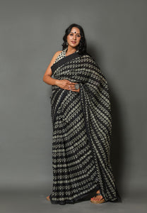 Black Block Printed Cotton Sari with Blouse Piece