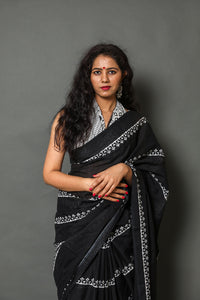 Black Bel Block Printed Cotton Saree with Blouse Piece