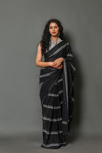 Black Bel Block Printed Cotton Saree with Blouse Piece