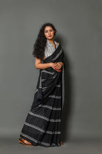 Black Bel Block Printed Cotton Saree with Blouse Piece