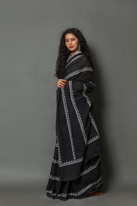 Black Bel Block Printed Cotton Saree with Blouse Piece