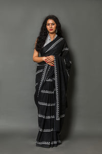 Black Bel Block Printed Cotton Saree with Blouse Piece