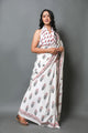 White Handblock Butta Print Mul Cotton Saree with Blouse Piece