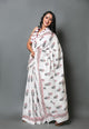 White Handblock Butta Print Mul Cotton Saree with Blouse Piece