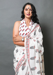 White Handblock Butta Print Mul Cotton Saree with Blouse Piece