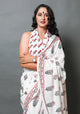 White Handblock Butta Print Mul Cotton Saree with Blouse Piece