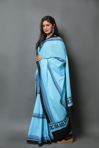 Turquoise & Blue Mul Cotton Printed Saree with Blouse Piece