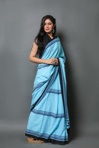 Turquoise & Blue Mul Cotton Printed Saree with Blouse Piece