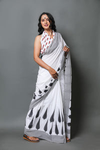 White & Black Handblock Border Print Mul Cotton Saree with Blouse Piece