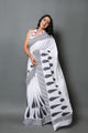 White & Black Handblock Border Print Mul Cotton Saree with Blouse Piece