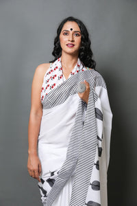 White & Black Handblock Border Print Mul Cotton Saree with Blouse Piece