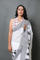 White & Black Handblock Border Print Mul Cotton Saree with Blouse Piece