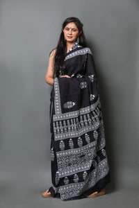 Black Block Butta Print Mul Cotton Saree with Blouse Piece