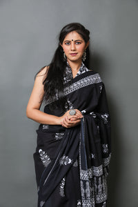 Black Block Butta Print Mul Cotton Saree with Blouse Piece
