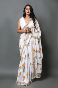 White & Mustard Hand Block Butta Print Mul Cotton Saree with Blouse Piece