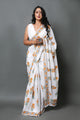 White & Mustard Hand Block Butta Print Mul Cotton Saree with Blouse Piece